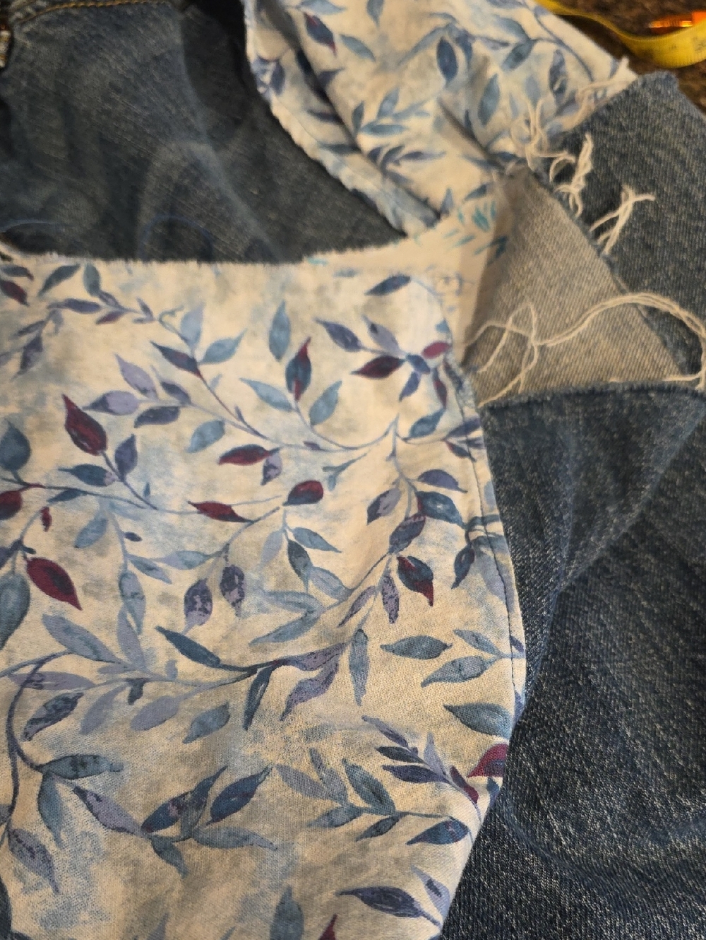 HAND CRAFTED Wrap Jeans UPCYCLED Blue Denim Tie Front Floral Flowers Size XL - Picture 15 of 16